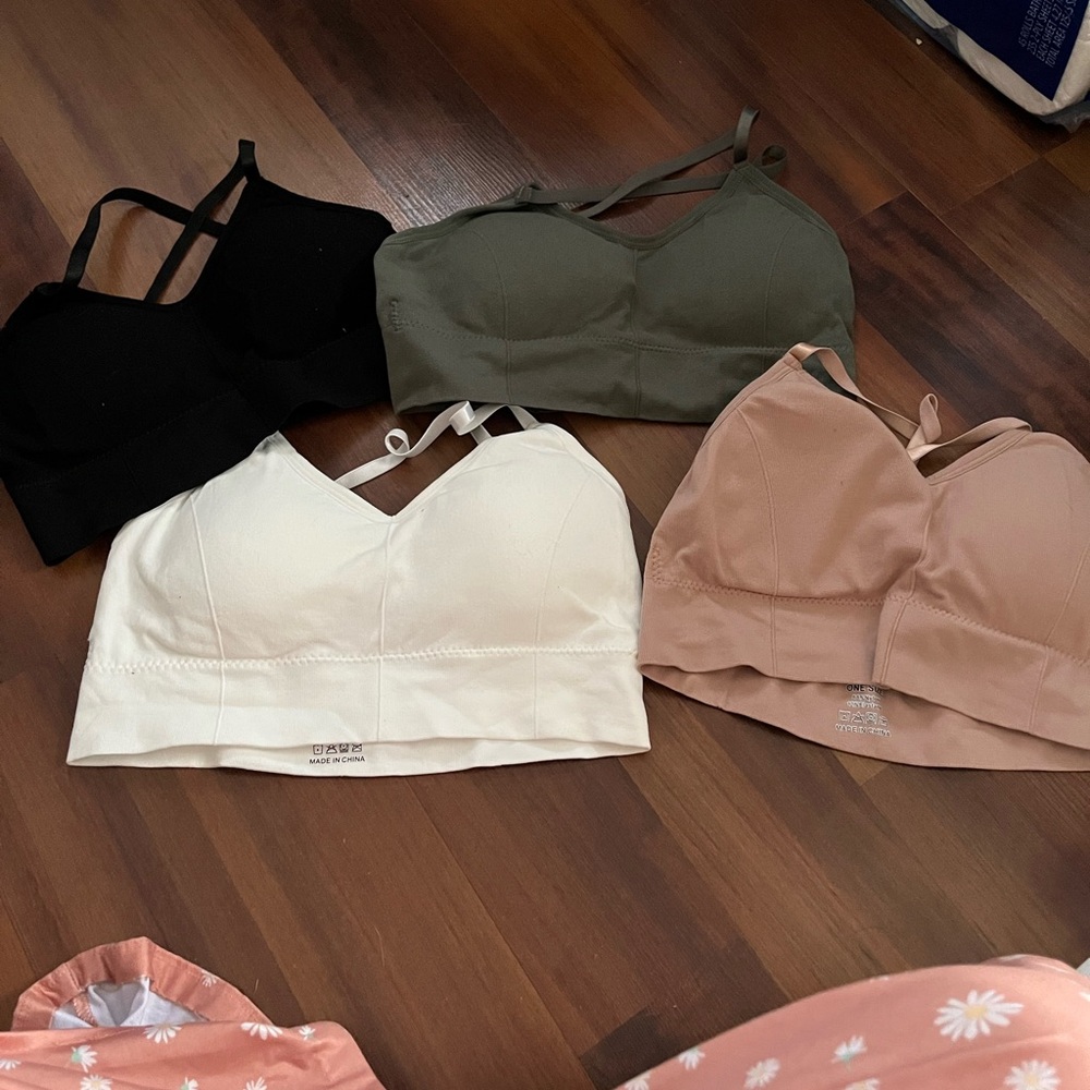 Set of Four Bralettes in Black, Green, White, and Tan